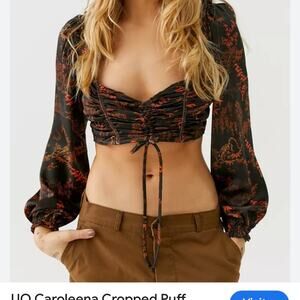 Floral Brown Orange and Black Urban Outfitters Caroleena Puff Sleeve Women's Top